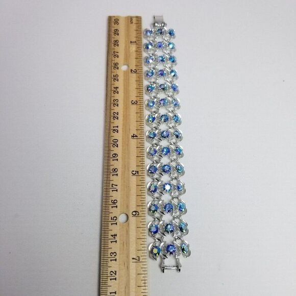 Vintage Wide Blue Rhinestone and Silver Tone Panel Bracelet, Retro 60s 70s Style - Picture 5 of 7